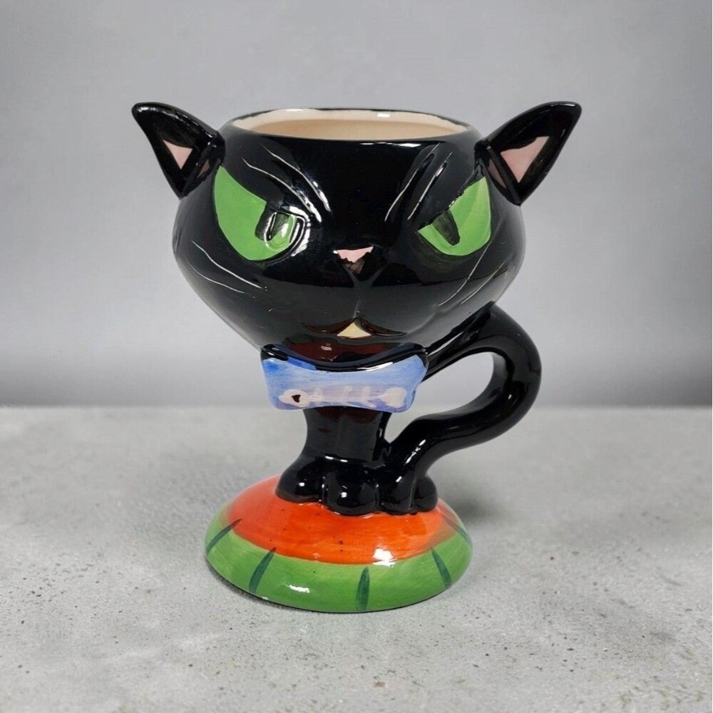 Black Cat Ceramic Halloween Goblet Mug Planter Spooky Decor Kitty Green Eyes 6"